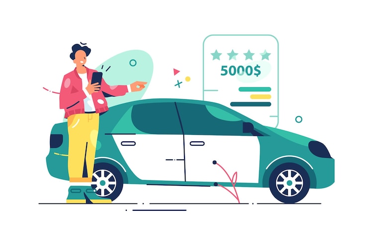 Vector persona elige coche en la ilustración de la tienda