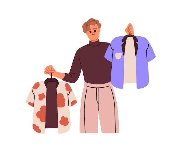 Persona eligiendo ropa camisa decidiendo qué comprar usar Hombre sosteniendo perchas con dos prendas de vestir diferentes Elección de ropa Ilustración vectorial gráfica plana aislada sobre fondo blanco