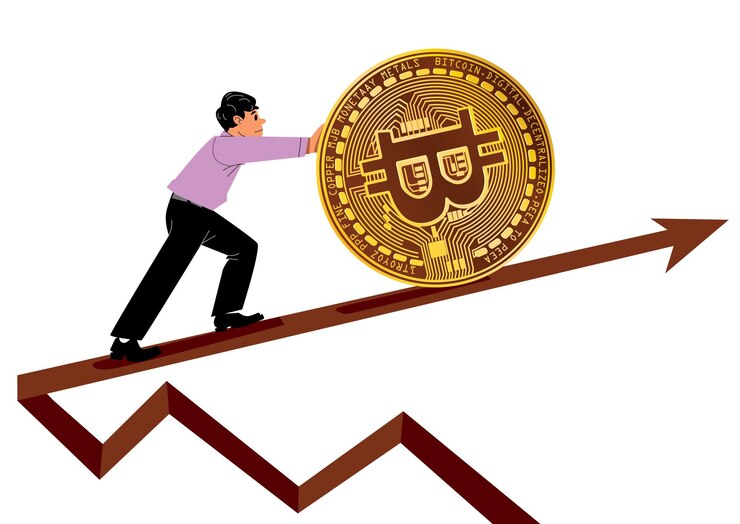 Vector una persona empujando una moneda bitcoin hacia arriba en un gráfico financiero que ilustra el crecimiento y la inversión en moneda digital