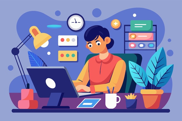 Una persona enfocada en una pantalla de portátil mientras está sentada en un escritorio trabajando en un proyecto una persona trabajando en un proxecto de diseño gráfico en su computadora ilustración simple y moderna