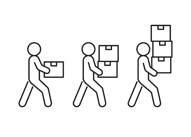 Vector la persona de entrega de la caja mueve el icono de la línea de carga el mensajero con la reubicación del paquete el peso de transferencia