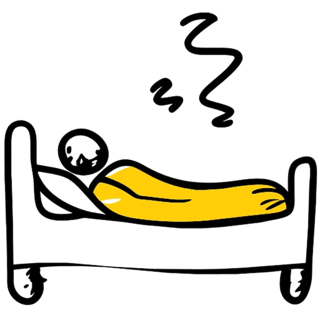 una persona está acostada en la cama en la habitación durmiendo soñando con el vuelo libre icono relleno de garabateo