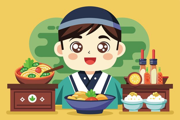 Una persona está de pie frente a un cuenco de comida coreana en una ilustración de dibujos animados personalizable comida coreana Ilustración de caricaturas personalizables