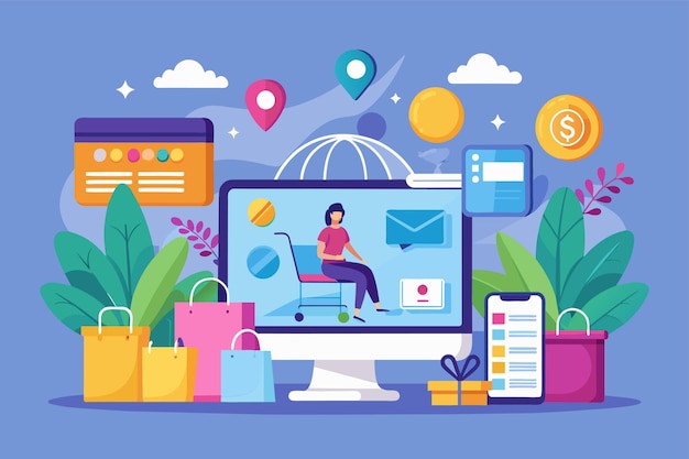 Una persona está sentada en un carrito de compras mientras mira una pantalla de computadora Concepto de compras en línea Ilustración vectorial plana simple y minimalista