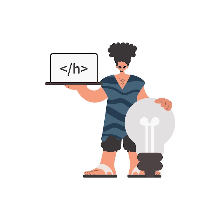 Vector la persona está sosteniendo una ventana de navegador con una imagen de programación y para arrancar de pie cerca de una bombilla colosal obligado en base blanca estilo de moda ilustración vectorial