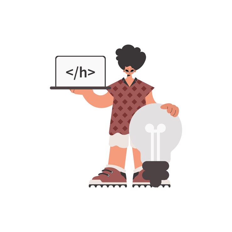 Vector la persona está sosteniendo una ventana de navegador con una imagen de programación y para arrancar de pie cerca de una enorme bombilla restringida en una base blanca estilo de moda ilustración vectorial