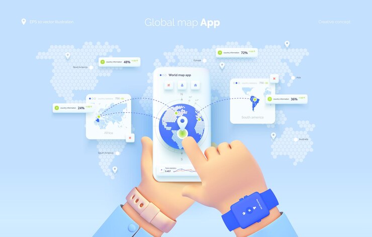 una persona está usando un teléfono con un mapa del mundo en la pantalla