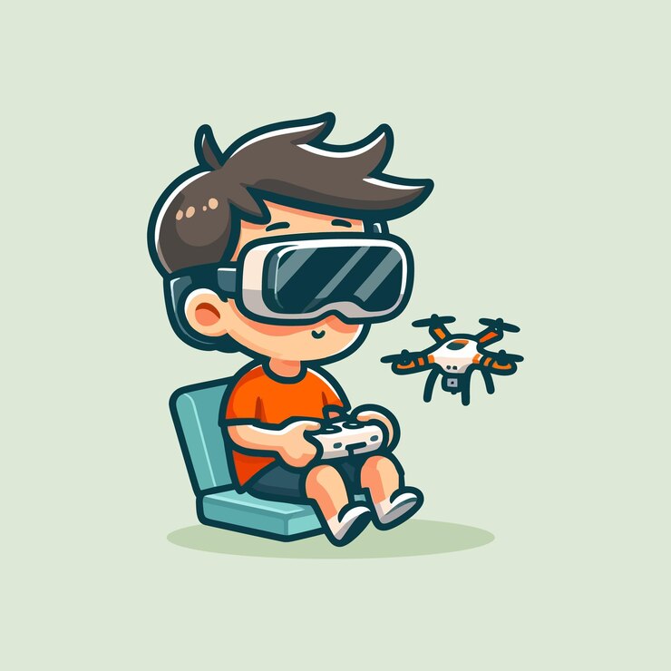 Vector una persona está volando un dron con gafas fpv y control remoto mientras está sentada en un sofá portátil