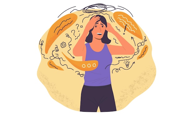 Persona estresada Chica de dibujos animados con trauma emocional y trastorno mental depresión o desesperación Mujer asustada con fobias y pensamientos confusos Concepto de apoyo psicológico vectorial