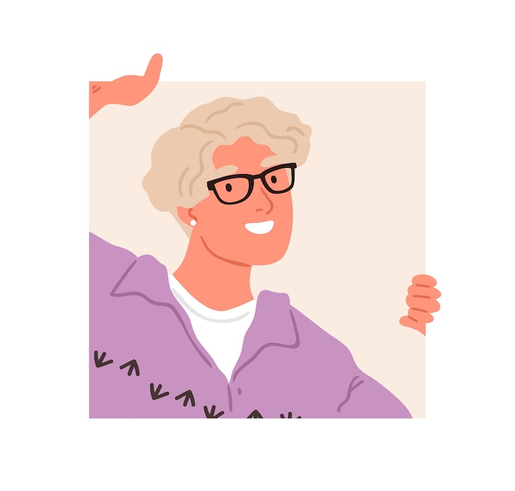 Vector persona feliz con gafas asomándose y asomándose por un agujero cuadrado. mujer curiosa mirando afuera. humano escondido detrás de la ventana. concepto de curiosidad. ilustración de vector plano aislado sobre fondo blanco.
