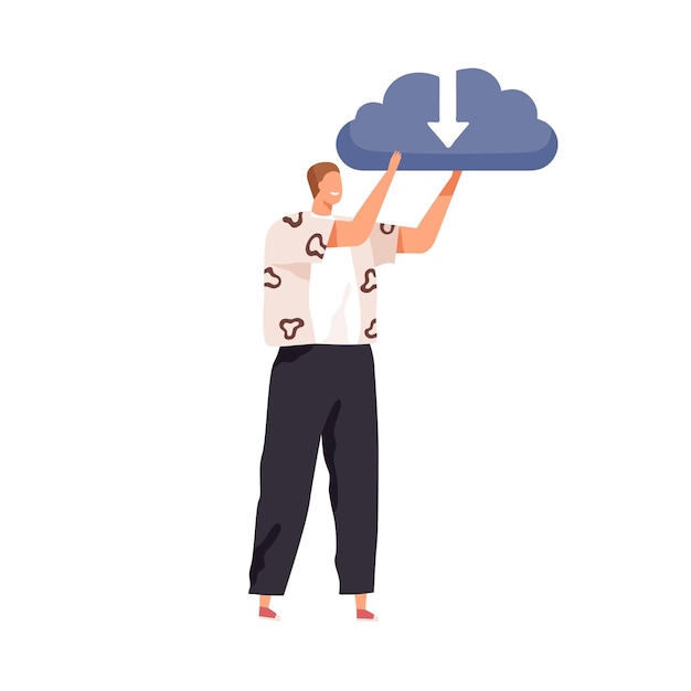 Persona feliz sosteniendo una gran nube con flecha como símbolo del servicio de almacenamiento en línea. Concepto de carga y descarga de datos. Ilustración de vector plano coloreado del archivo de internet aislado sobre fondo blanco.