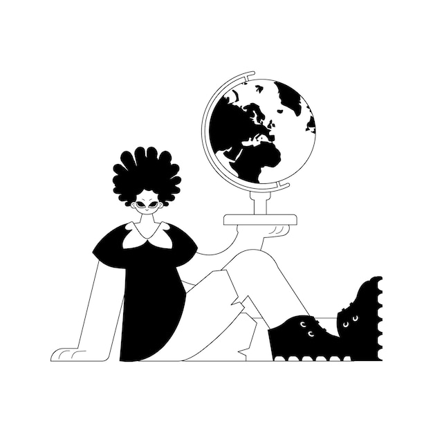 La persona con el globo tema de aprendizaje artesanía de línea oscura y blanca estilo de moda Ilustración vectorial
