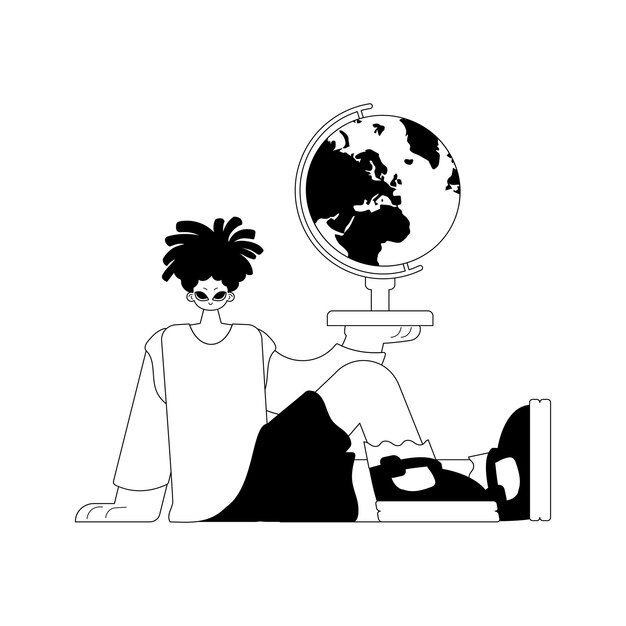 La persona con el globo tema de aprendizaje artesanía de línea oscura y blanca estilo de moda Ilustración vectorial