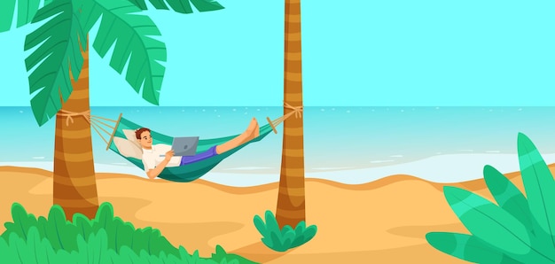 Persona en una hamaca trabajando en una computadora portátil en una playa con palmeras océano en el fondo Concepto de vacaciones de trabajo remoto Ilustración vectorial