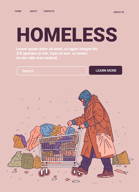 Persona sin hogar empujando un carrito de compras lleno de bolsas que representan características de la pobreza y la escena de supervivencia