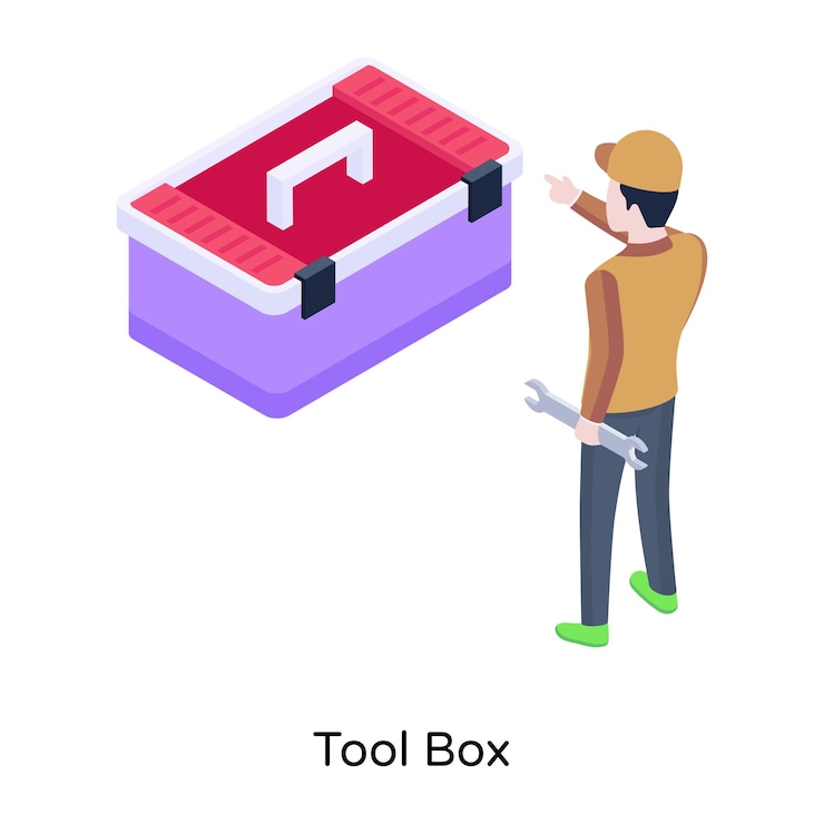 Vector persona con icono isométrico de llave y caja de herramientas