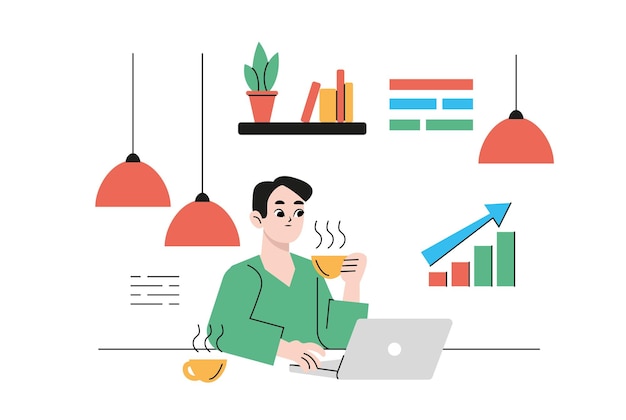 Persona inspirada soñando y creando ideas mientras escribe algo en la computadora portátil. Hombre soñador creativo pensando