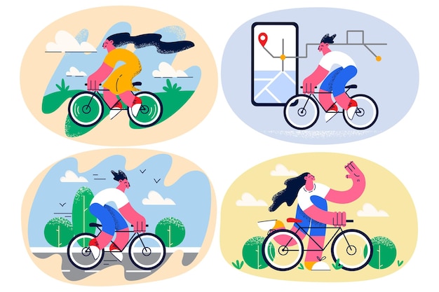 Persona joven sonriente relajarse resto andar en bicicleta en un día soleado de verano. El adolescente disfruta de la actividad física al aire libre en bicicleta el fin de semana o las vacaciones. Concepto de pasatiempo activo deportivo. Ilustración vectorial. Colocar.