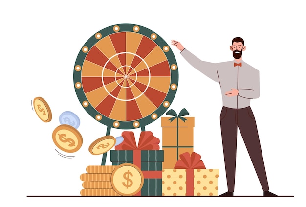 Persona jugando concepto de casino hombre con rueda de la fortuna y monedas de oro premio para los ganadores publicidad