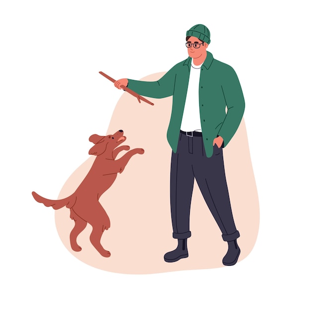 Vector persona jugando con perro arrojando palo dueño de mascota y perrito ágil hombre entrenando agilidad de lindo animal canino juguetón feliz cachorro al aire libre ilustración de vector plano aislado sobre fondo blanco