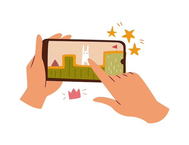 Persona jugando en el teléfono móvil sosteniendo el teléfono inteligente en la aplicación de las manos para jugar ilustración vectorial de dibujos animados planos Pantalla del teléfono inteligente con conejo divertido