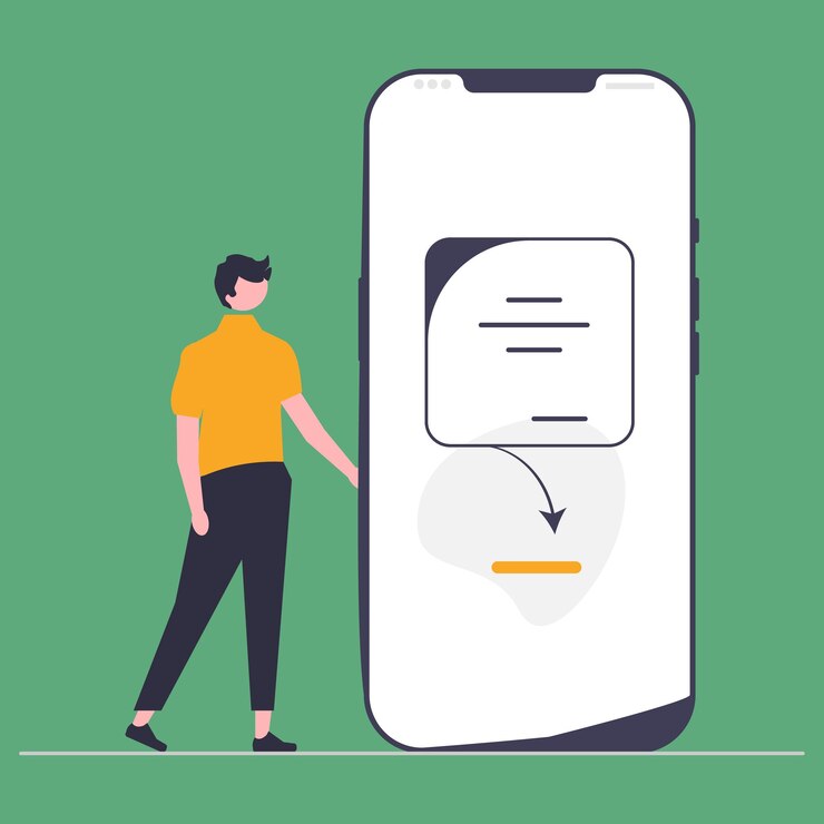Vector una persona junto a un teléfono grande que dice "aplicación"