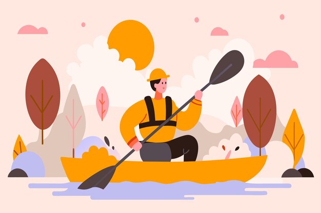 Vector persona en kayak en aguas tranquilas rodeada de follaje de otoño