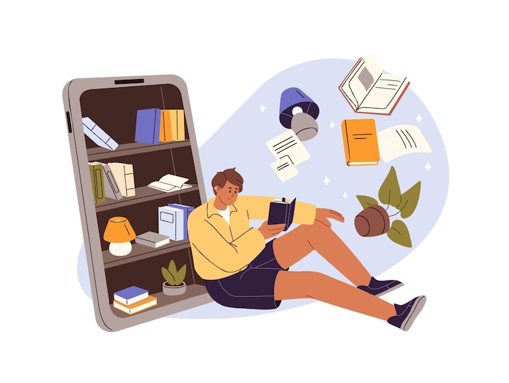 Vector persona lee un libro electrónico con una aplicación telefónica lector con novelas digitales en teléfono inteligente estudiantes aprenden estudios con ebook concepto de biblioteca en línea ilustración de vector aislado plano en blanco