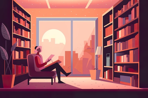 Una persona leyendo un libro en una biblioteca o librería tranquila Ilustración vectorial plana