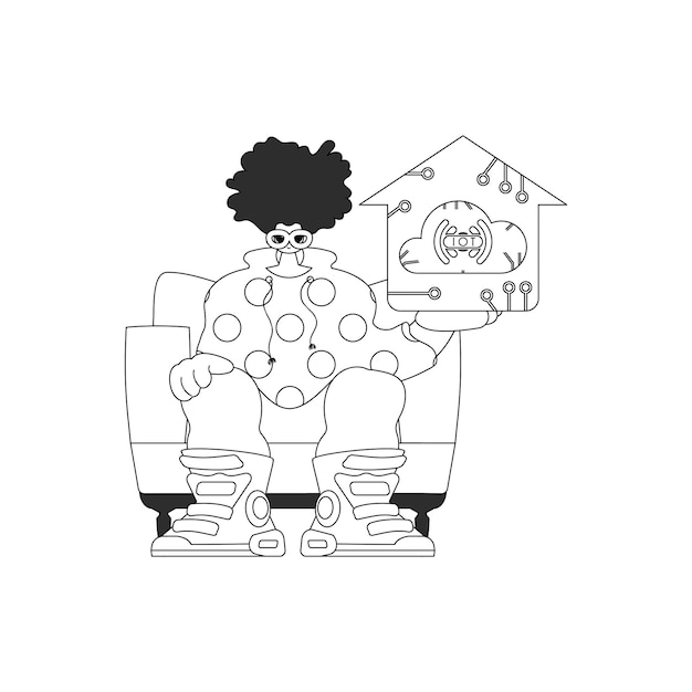 Una persona con un logotipo de Internet de las cosas dibujado de forma lineal vectorizada