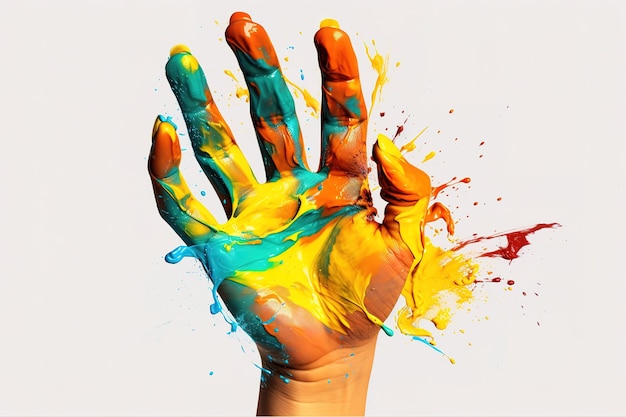 una persona con una mano colorida que tiene la palabra salpicaduras en él