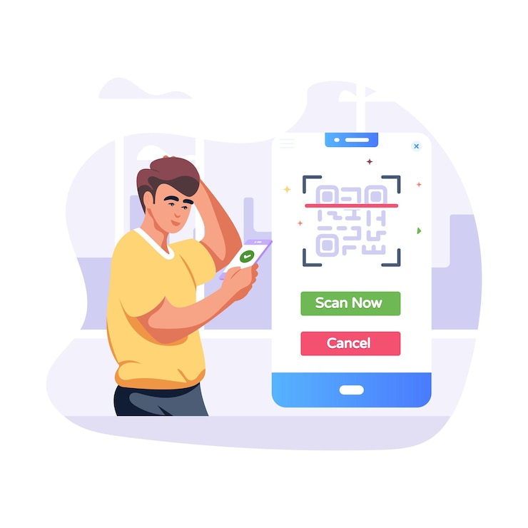 Vector persona con máquina de escaneo de etiquetas y paquetes ilustración plana