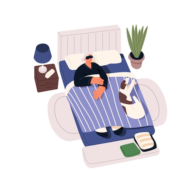 Persona mayor durmiendo en la cama Anciana dormida en el dormitorio junto con un perro en una manta Anciana y mascota doggy soñando en casa con comodidad Ilustración vectorial plana aislada en fondo blanco