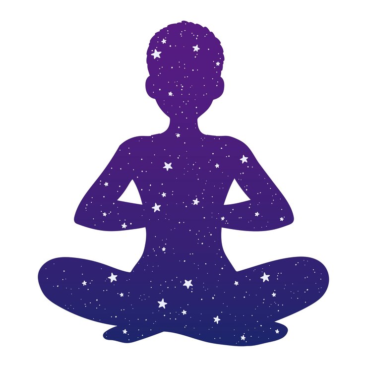 Vector una persona meditando en posición de loto con las estrellas al fondo.