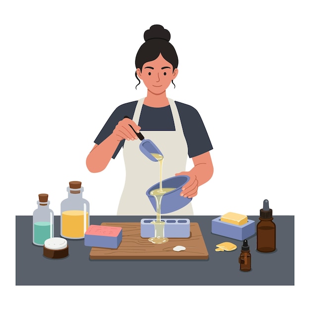 Persona mezclando ingredientes en un cuenco mientras prepara jabón casero en un entorno de taller