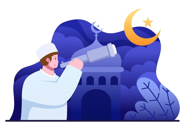 Persona musulmana en busca de hilal en el cielo nocturno con telescopio para la señal de luna nueva mes de Ramadán
