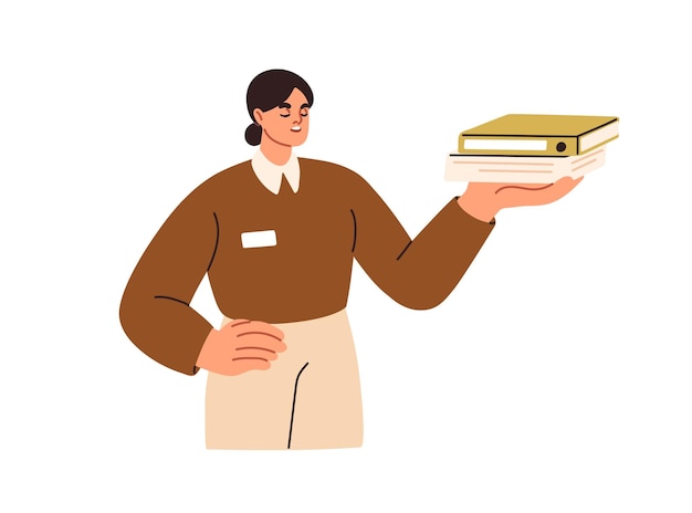Persona de negocios con papeles carpeta en la mano Mujer trabajador ejecutivo empleado dando informe de trabajo presentando paquete de documentos Ilustración vectorial gráfica plana aislada sobre fondo blanco