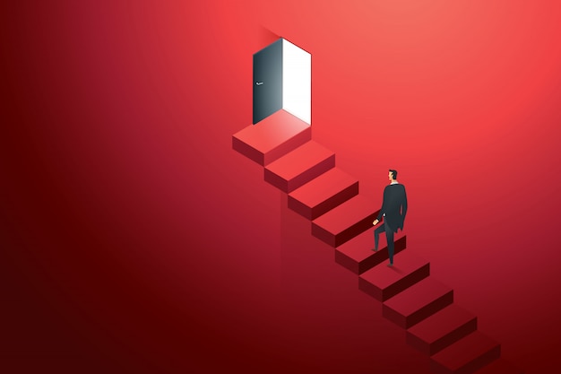 Persona de negocios que sube en el ledder concreto en la puerta negra en la pared escalera de camino rojo al éxito de la meta. ilustración