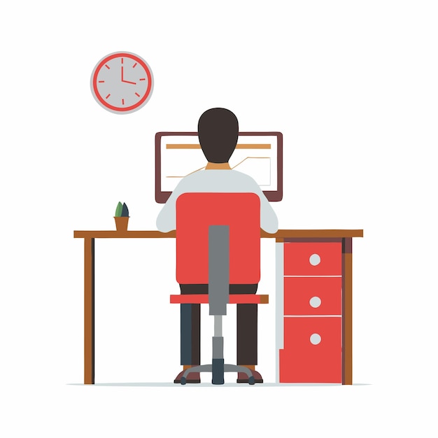 Persona de negocios que trabaja en la ilustración vectorial por computadora con escritorio de oficina