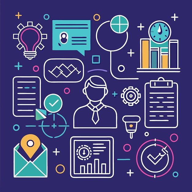 Una persona de negocios rodeada de íconos que simbolizan varios aspectos de los negocios, incluida la eficiencia y la estrategia de comunicación de la gestión del tiempo