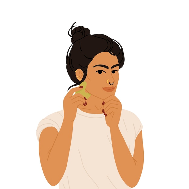 Persona no binaria de Asia del Sur que utiliza la herramienta gua sha, una rutina de cuidado de la piel vectorial inclusiva para la diversidad de belleza y el bienestar