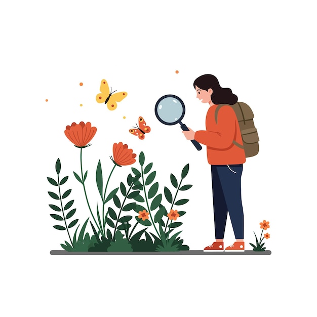 Persona observando mariposas con una lupa en un vibrante jardín de flores
