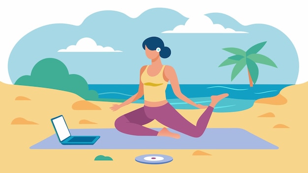 Vector una persona con una pierna rota prácticamente practicando yoga en una playa utilizando los sonidos calmantes y