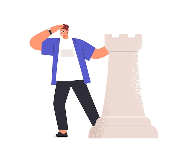 Persona con pieza de ajedrez buscando oportunidad, buscando solución, mirando hacia adelante y estimando riesgos de paso futuro. Concepto de visión empresarial. Ilustración de vector plano aislado sobre fondo blanco