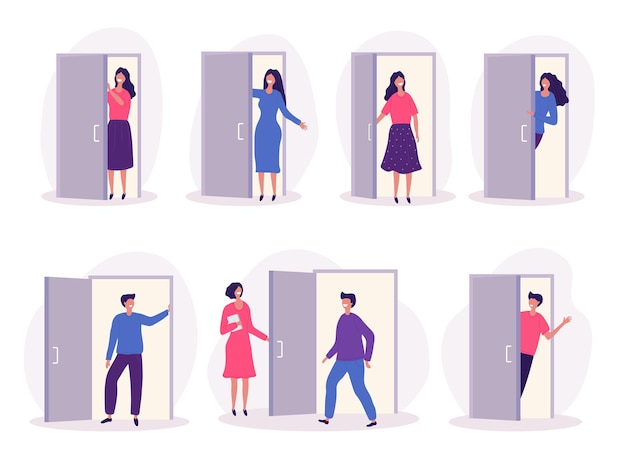 Persona que abre la puerta Trabajadores de oficina de pie y sosteniendo la puerta de madera de salida objetos interiores concepto de privacidad ilustraciones vectoriales recientes
