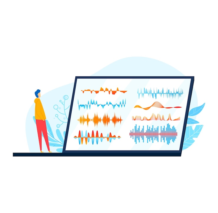 Vector persona que analiza diversos gráficos de datos en un gran monitor de computadora analista que estudia el complejo
