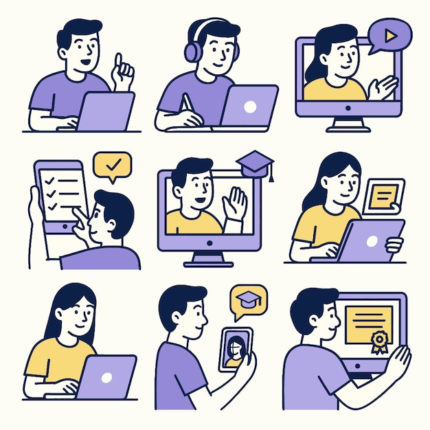Persona que aprende en línea a través de una computadora portátil viendo videos tomando notas y celebrando los logros