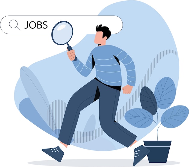 Persona que busca trabajo con una lupa que simboliza la búsqueda de trabajo y la exploración de carreras
