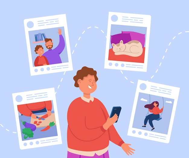 Vector persona que comparte momentos en la ilustración de vector plano de redes sociales. chico joven sosteniendo un teléfono inteligente y publicando fotos para me gusta y seguidores. adicción a internet, concepto de influencia de las redes sociales