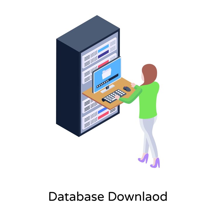 Vector persona que controla el icono isomérico de la base de datos de la supervisión de la base de datos
